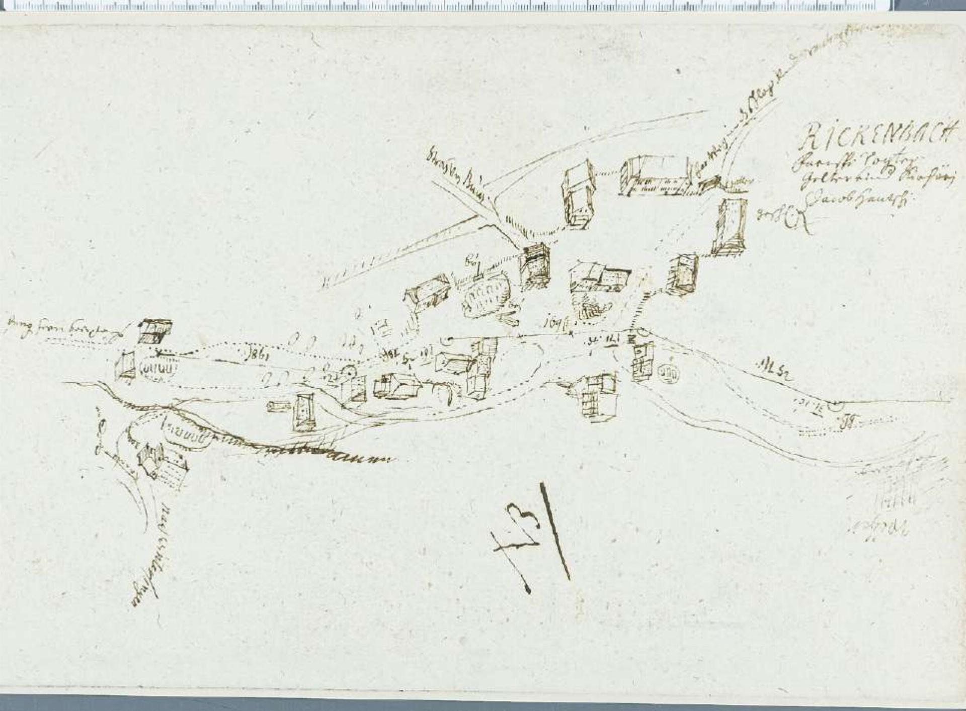 Der Ortsplan Rickenbachs von 1681 aus der Feder des Kartografen Georg Friedrich Meyer. Kartenausschnitt zvg