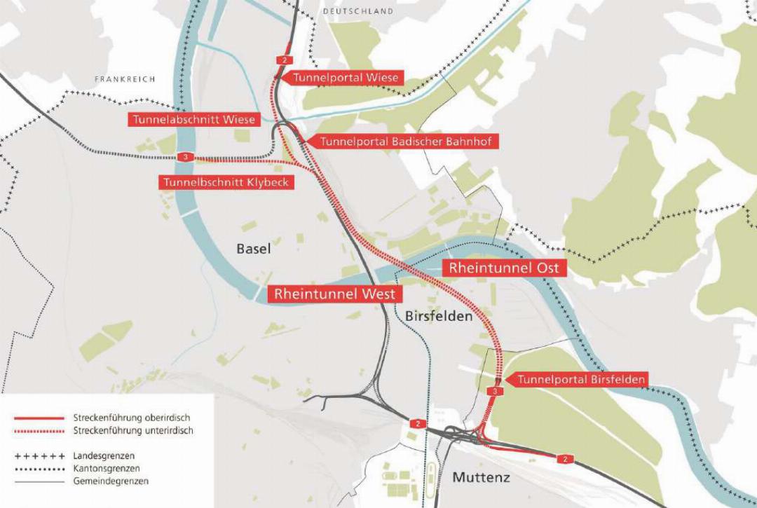 Zwei Tunnelröhren von 3,6 und 3,8 Kilometern Länge unterqueren den Rhein. Die Tunnelportale liegen beim Kreisel Rheinfelder-/Birsfelderstrasse in Birsfelden und beim Badischen Bahnhof. Zwei Tunnelröhren von 3,6 und 3,8 Kilometern Länge unterqueren den Rhein. Die Tunnelportale liegen beim Kreisel Rheinfelder-/Birsfelderstrasse in Birsfelden und beim Badischen Bahnhof.