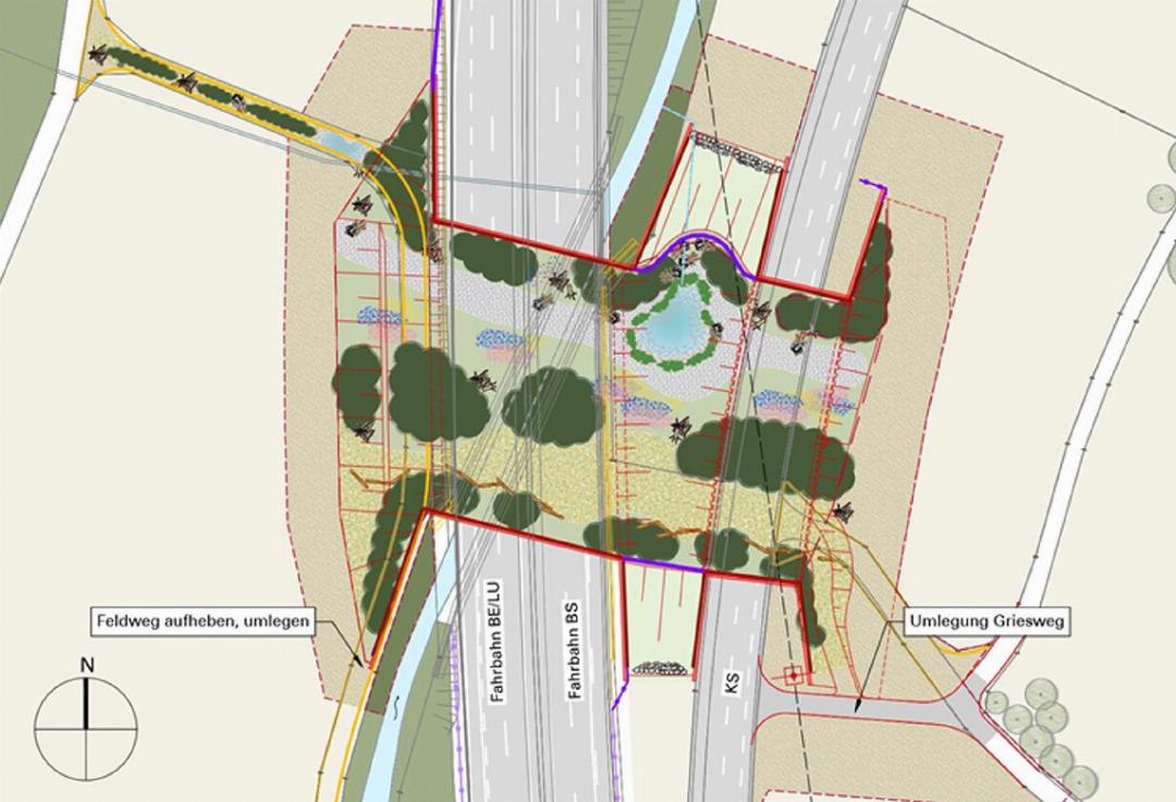 Die Brücke soll laut dem Astra-Projekt aus zwei Elementen bestehen und sowohl die A2 als auch die Kantonsstrasse überqueren.
Bild zvg Die Brücke soll laut dem Astra-Projekt aus zwei Elementen bestehen und sowohl die A2 als auch die Kantonsstrasse überqueren.
Bild zvg