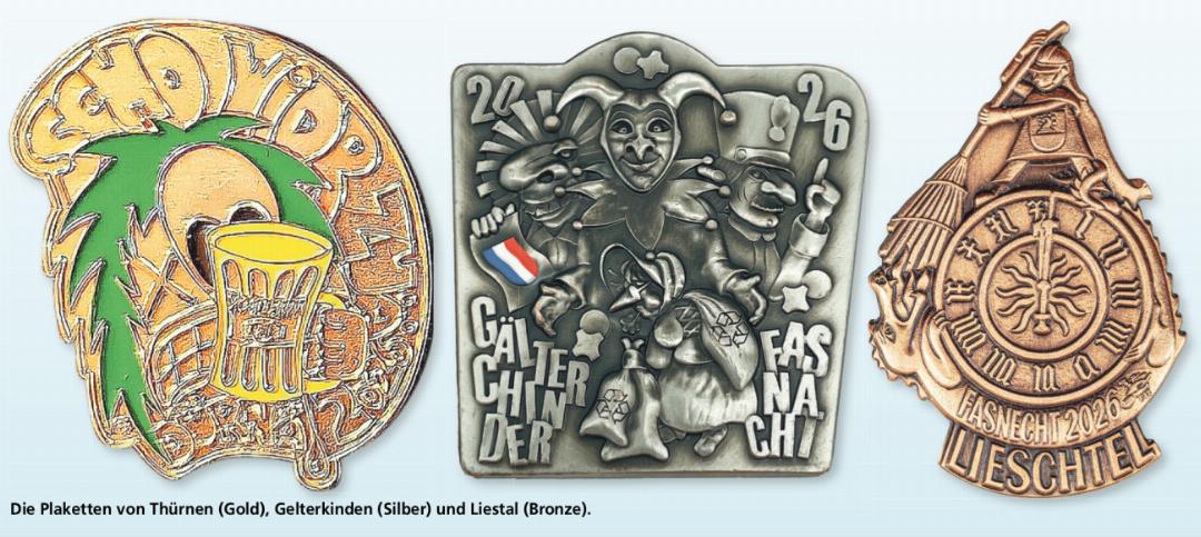 Die Plaketten von Thürnen (Gold), Gelterkinden (Silber) und Liestal (Bronze). Die Plaketten von Thürnen (Gold), Gelterkinden (Silber) und Liestal (Bronze).