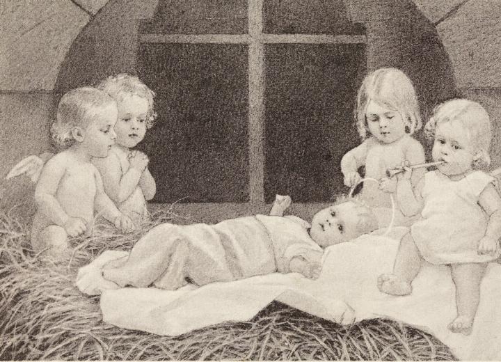 Christuskind in der Krippe, umringt von Engeln. Postkarte der Schweizer Illustratorin Meta Löwe aus dem Jahr 1921. Bild ETH-Bibliothek Zürich, Bildarchiv