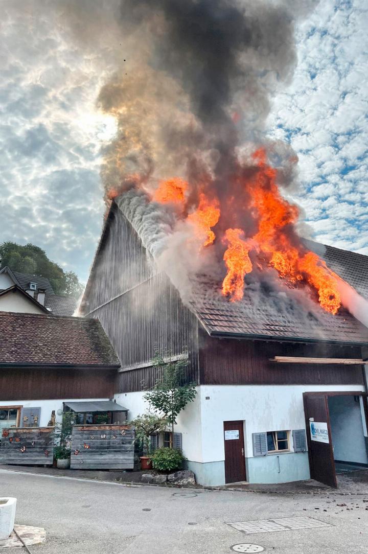 Das Feuer an der Zeiningerstrasse brach kurz nach 10 Uhr aus. Als die Feuerwehr eintraf, stand das Haus bereits in Vollbrand. Dieser wurde rasch gelöscht, der Schaden ist dennoch gross. Bilder Polizei BL / Tobia Benaglio