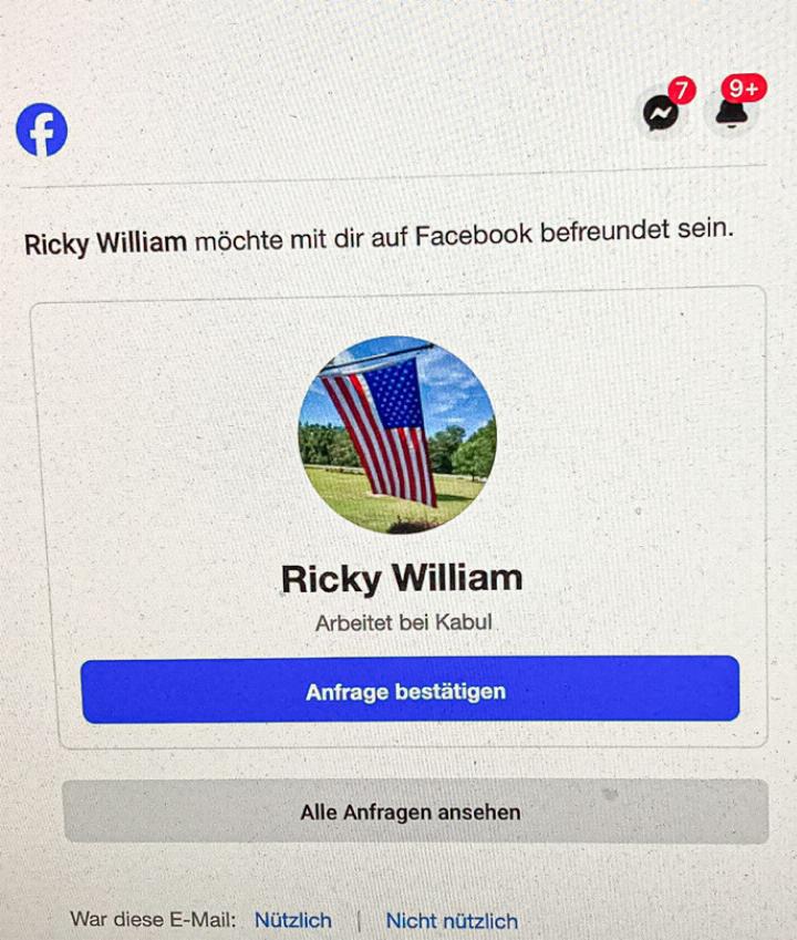«Facebook» als Liebesfalle: Nehmen Sie auf den Sozialen keine Freundschaftsanfragen von Menschen an, die Sie aus dem realen Leben nicht kennen.
Bild rv. «Facebook» als Liebesfalle: Nehmen Sie auf den Sozialen keine Freundschaftsanfragen von Menschen an, die Sie aus dem realen Leben nicht kennen.
Bild rv.