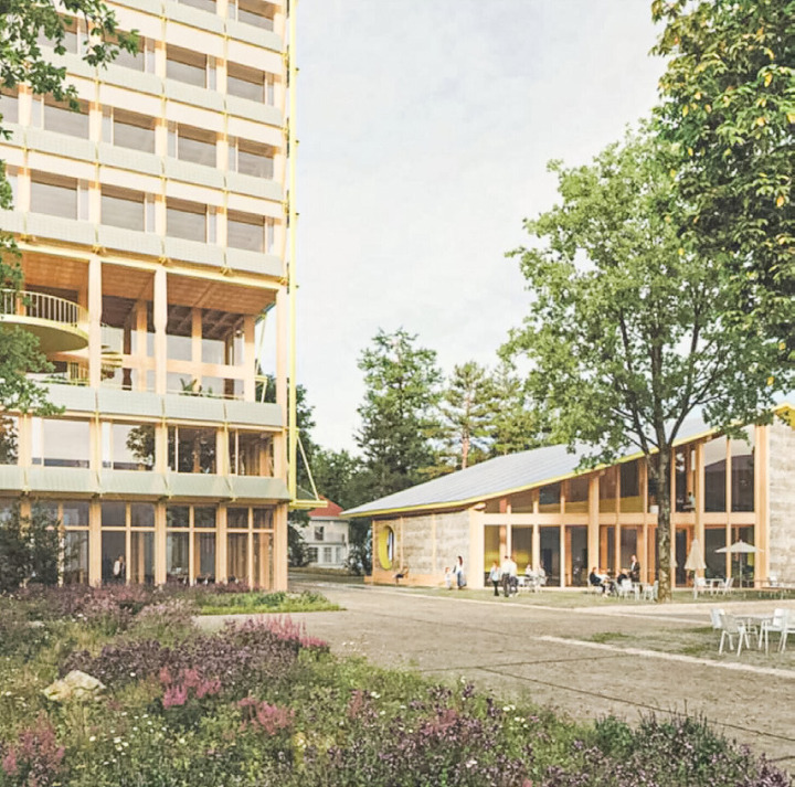 Der Kanton will einen Teil seiner Angestellten im Liestaler Kreuzboden-Areal bündeln: Der Holzbau soll Platz für 560 Arbeitsplätze bieten. Visualisierung zvg