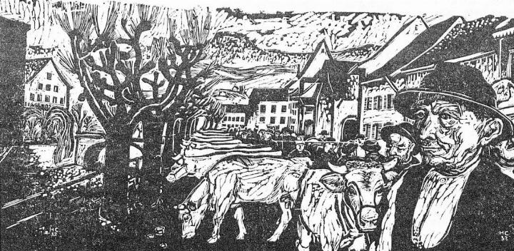 Der Viehmarkt in der Rheinfelderstrasse in Sissach, Holzschnitt.
Bilder Archiv vs