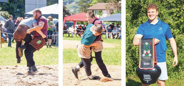 Von links: Beim Sissacher Frühjahrsschwinget greifen Aktive und Nachwuchsathleten an. Der strahlende Sieger heisst Marius Frank. Bild Noah Gehrig