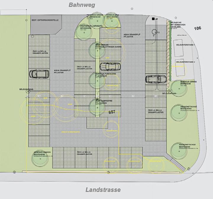 Die Erweiterung des Parkplatzes beim Bahnhof umfasst auch neue Grünflächen.
Bild zvg
