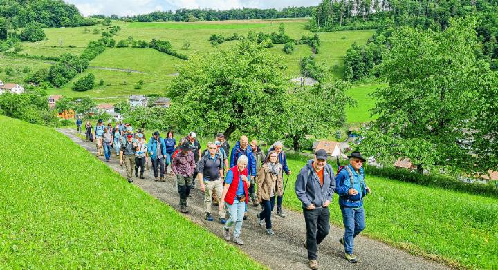 Die diesjährige Route hatte es in sich: 500 Höhenmeter hinauf zur Äzione auf 1043 Meter 3 Metern über Meer waren zu absolvieren. Bild Lorenz Degen