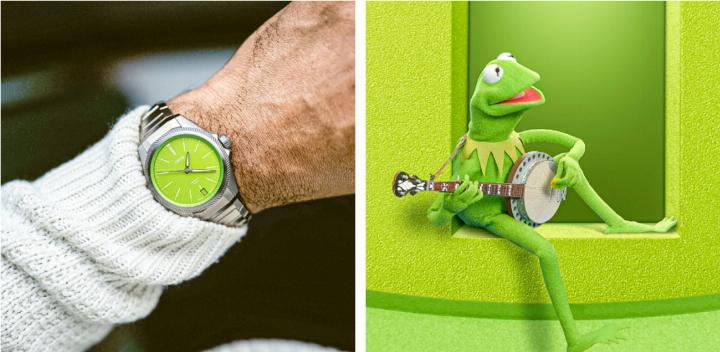 «ProPilot X Kermit Edition»: An jedem Ersten des Monats erscheint Kermit (rechts) im Datumsfenster und erinnert Sie daran, sich ein wenig Zeit für sich selbst zu nehmen. Bilder zvg