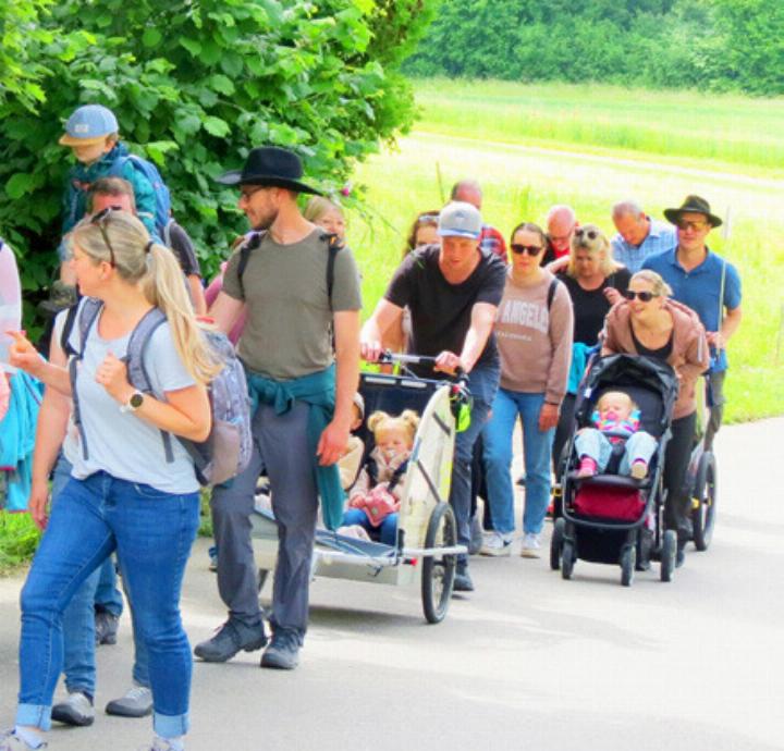 Die Kinderwagen-Rotte zieht durch die Landschaft zwischen Bubendorf und Seltisberg. Bild Sander van Riemsdijk