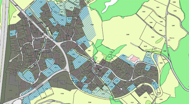 Das Siedlungsgebiet von Eptingen: Der graue Bereich ist bebaut, der karierte unbebaut, aber erschlossen, der gestreifte nicht erschlossen. Bild GeoviewBL