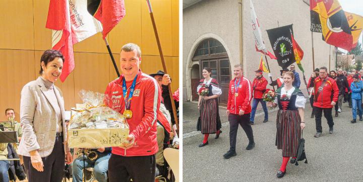 Aus den Händen von Regierungsrätin Monica Gschwind erhielt Adrian Schaub ein grosses Geschenk. Der Weltmeister-Schütze wurde von Ehrendamen und Fahnen durchs Dorf geleitet.
Bilder svr.