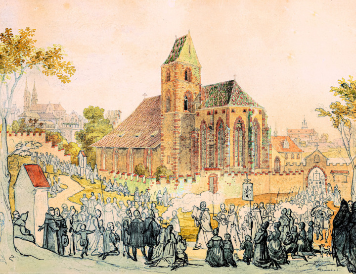 Reformation durch Provokation: Der radikal-reformierte Leutpriester Wilhelm Reublin – ein späterer Täufer – bei der Fronleichnams-Prozession 1522 vor der Basler Albankirche. Anstelle der kostbaren Monstranz trägt er eine einfache Bibel vor sich her und wiederholt beständig: «Das ist das rächt heyl thumm, das ander werind thoten bein!» («Das ist das echte Heiligtum, das andere wären tote Knochen!»). Bild zvg / Privatbesitz