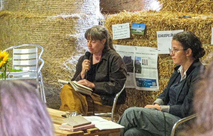 Mariann Bühler (links) liest aus ihrem Roman «Verschiebung im Gestein», daneben Moderatorin Rebekka Salm. Bild Elisabeth Böhm