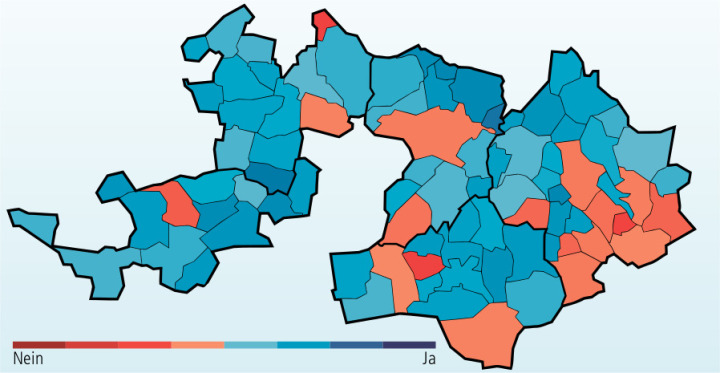 Kein erkennbares Muster: 18 der 86 Baselbieter Gemeinden lehnten die sechs Autobahnprojekte für 4,9 Milliarden Franken in der Schweiz ab. Grafik Kanton BL