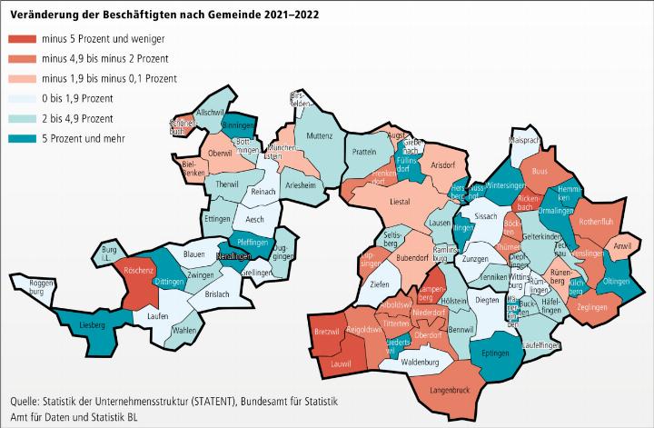 Trotz Zunahme der Beschäftigten liegt Baselland unter dem Schweizer Durchschnittswert (2,6 Prozent). Grafik dp.