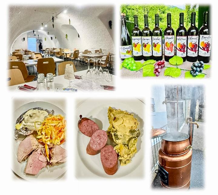 Bei Locher Weine können im schönen Gewölbekeller Spezialitäten wie Treberwurst gegessen werden. Bild zvg