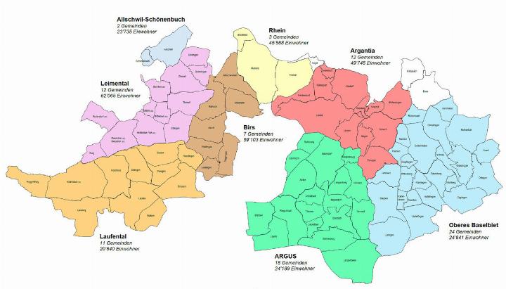 Die acht Zivilschutzorganisationen im Baselbiet im Überblick – Kantonspolitiker und Verwaltung sind sich uneinig, wie eng die Organisationen zusammenarbeiten und wie gross die Kompanien sein sollen. Karte zvg