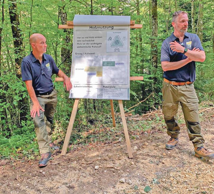 André Minnig (links) und Simon Tschendlik bei einem Auftritt über die Holznutzung im Jahr 2022. Bild Archiv vs
