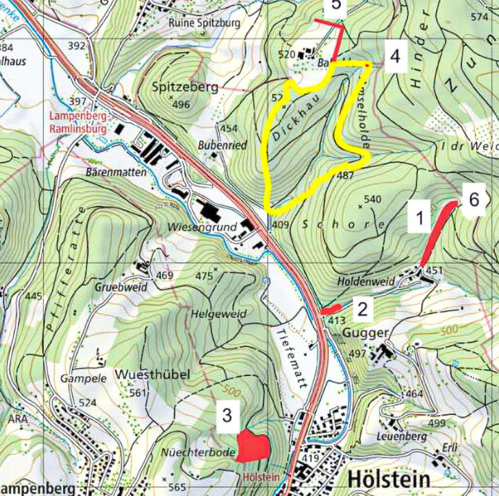 Die Deponie Baholde in Hölstein an der Grenze zu Ramlinsburg (gelb markiert) und die Standorte der Ausgleichsmassnahmen (rot). Screenshot Pläne