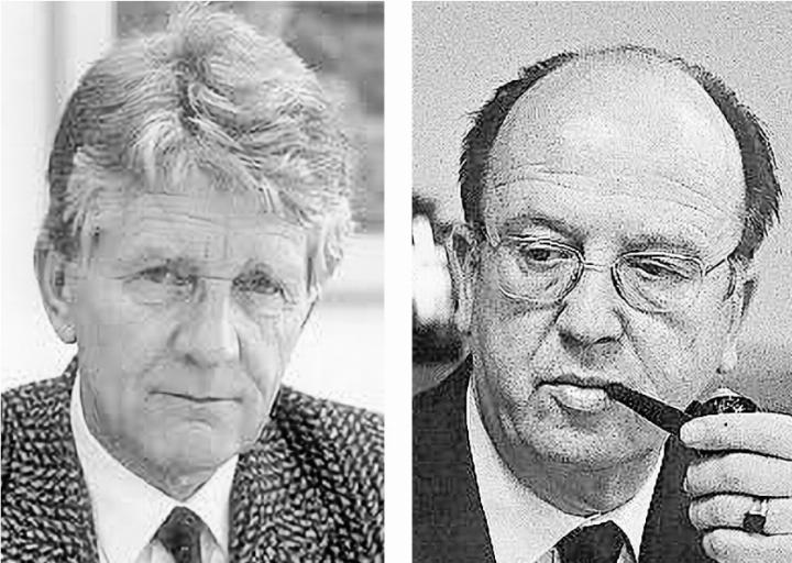 Clemens Stöckli (CVP, links) blieb 20 Jahre Justizdirektor und Leo Lejeune (SP) 16 Jahre Erziehungsdirektor. Bilder Personenlexikon Baselland und Heimatkunde Muttenz