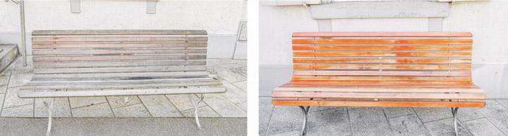 Eine Sitzbank vor und nach der Instandstellung durch René Jourdain.
Bilder zvg