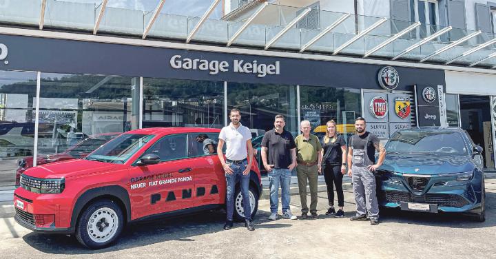 Patrick Keigel (Standortleiter), Stefano Grieco (Leiter Kundend dortleiter), Stefano Grieco (Leiter Kundendienst), Jean-Claude Gass (Verkaufsberater), Patrizia Oswald (Kundendienstassistentin), Cristiano Bandeira (T stentin), Cristiano Bandeira (Teamleiter Werkstatt; von links) heissen die Kundinnen und Kunden der Garage Keigel in Frenkendorf willkommen. Bild zvg