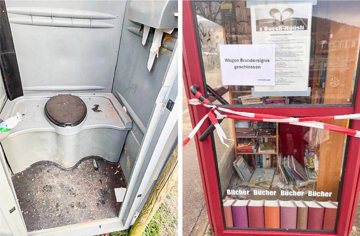 Am 31. Dezember wurde nicht nur eine Rakete in der WC-Anlage der Hundeschule Nemo gezündet, sondern auch Bücher im «Buech-Hüüsli» in Lausen in Brand gesetzt. Bilder zvg