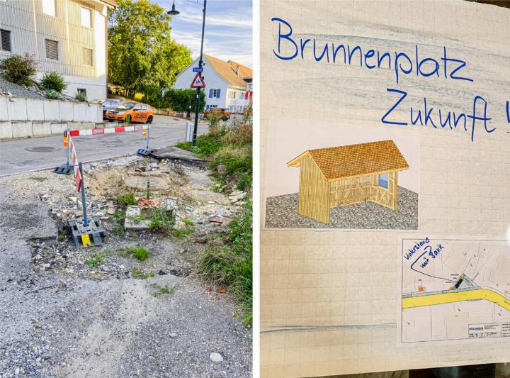 Der Standort des alten Brunnens soll auch jener des neuen werden – jedoch aus Sicherheitsgründen leicht verschoben. Der mögliche, neue Brunnenplatz wurde auf einer Skizze (rechts) präsentiert. Bilder Willi Wenger