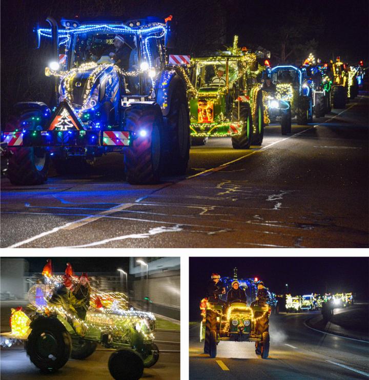 106 Landwirtinnen und Landwirte beteiligten sich mit ihren dekorierten Traktoren an der diesjährigen Lichterfahrt. Der Konvoi startete in Eptingen, Ziel war das Nebiker-Areal in Sissach. Bilder Christian Horisberger