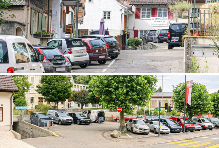 Die Parkplätze beim Adelberg (oben) und neben der Gemeindeverwaltung (unten) sollen in ein Parkhaus.Bilder nsc.