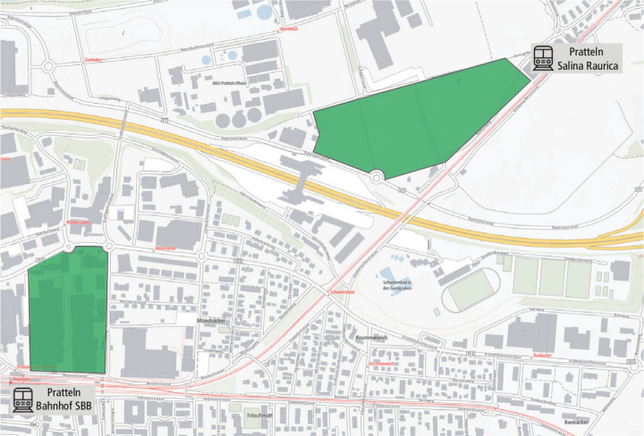 Beide möglichen Standorte für das KSBL in Pratteln liegen unmittelbar an einem Bahnhof (rechts: Salina Raurica. Links: Bredella Ost). Die Autobahn ist ebenfalls nahe, aber morgens und abends chronisch verstopft. Karte swisstopo / sep.