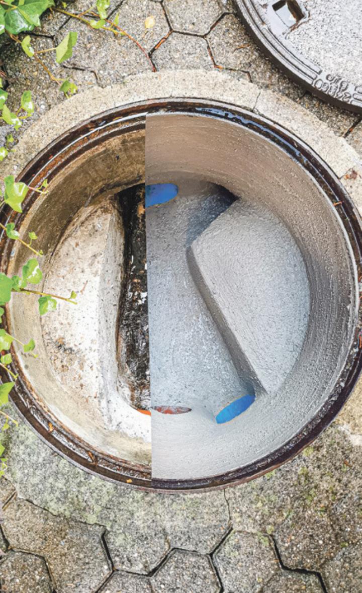 Ein Schacht vor (links) und nach der Sanierung durch Aquatec. Bild zvg