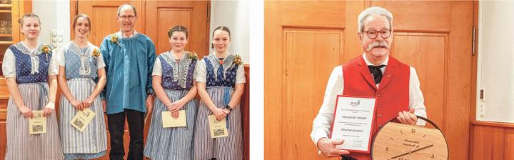 Neue Vereinsmitglieder: Mina Oberli, Frederike Lausch, Max Salathé, Nina Hammer und Liv Breiter (von links). Hanspeter Misteli ist neu Ehrenpräsident der Trachtengruppe.
Bilder zvg Neue Vereinsmitglieder: Mina Oberli, Frederike Lausch, Max Salathé, Nina Hammer und Liv Breiter (von links). Hanspeter Misteli ist neu Ehrenpräsident der Trachtengruppe.
Bilder zvg