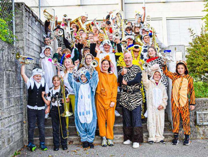 Schaf, Hunde und Haifische der «Tierisch» Future Band am Lagerkonzert in Wisen. Bild zvg