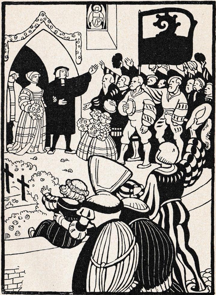 Die Hochzeit des Liestaler Leutpriesters Stephan Stör im Januar 1524. Zeichnung von Otto Plattner aus dem Jahr 1929. Bild zvg