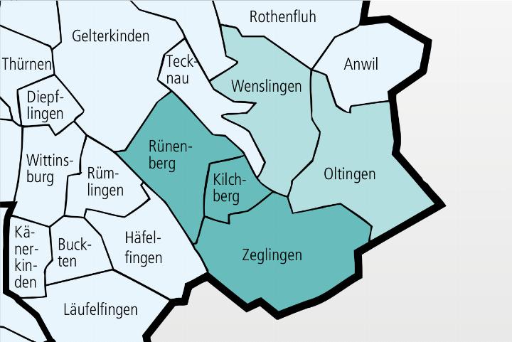 Oltingen (527 Einwohner) und Wenslingen (725) sollen mit Rünenberg (792), Kilchberg (176) und Zeglingen (523) zusammenarbeiten. Grafik zvg / dp.