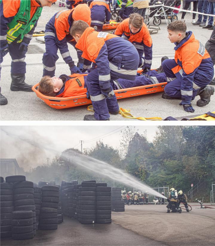 Die Jugendfeuerwehr zeigt, wie Verletzte aus dem Gefahrenbereich geborgen werden können (oben), derweil löschen die « Grossen» mit Wasserwerfern und Druckleitungen ein brennendes Pneulager. Bilder Otto Graf