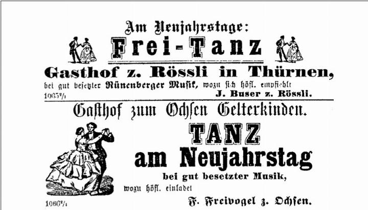 Aufforderung zum gemeinschaftlichen Neujahrstanz: Inserat in der «Volksstimme» aus dem Jahr 1888. Bild Archiv vs