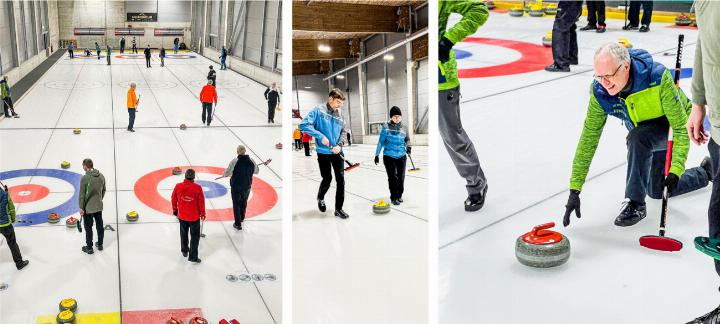 Die zwölf Teams spielten auf drei Rinks. Während für einige Steine viel gewischt werden musste, reichte bei anderen ein aufmerksamer Begleitschutz, wie auf dem zweiten Bild zu sehen ist. Bilder lm.