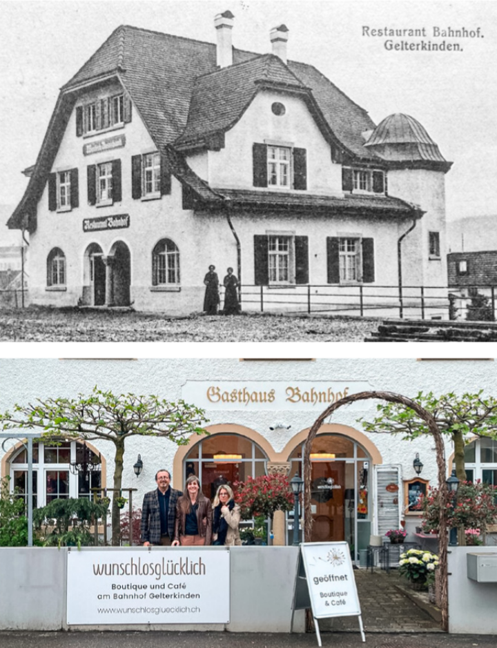 Das Haus früher und heute. Roger und Beatrice Rickenbacher und Patricia Guthauser (von links) verwöhnen die Kundschaft noch wenige Monate, bis Ende August Sasi und Nantha Sellathurai übernehmen und ein neues Gastro-Konzept einführen.
Bilder zvg