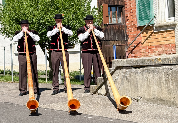 Das Alphorn-Trio «Mir wei luege» während 
des Spiels.
Bild zvg