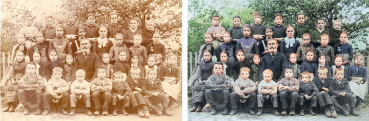 Schulbild aus Oltingen um 1900, links in seiner originalen Version als Fotoabzug, rechts mit einem Bearbeitungsprogramm bunt erzeugt. Das Ergebnis überrascht!
Archiv Heinz Spinnler