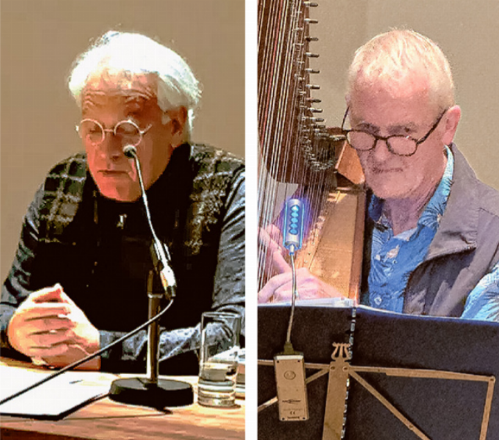 Thomas Sehringer (links) liest vor, während Thomas Stebler ihn mit seiner Harfe begleitet.
Bild zvg