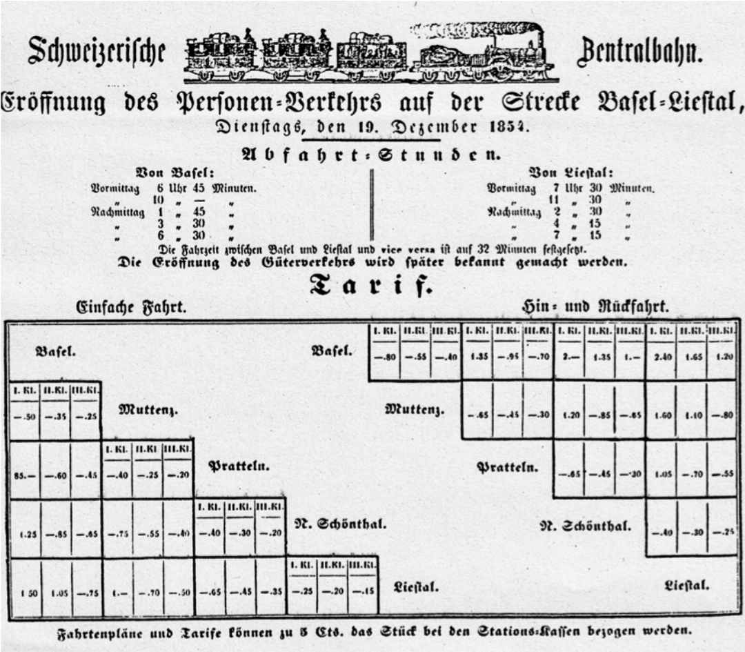 Fahrplan Basel–Liestal 1854. Fahrplan Basel–Liestal 1854.