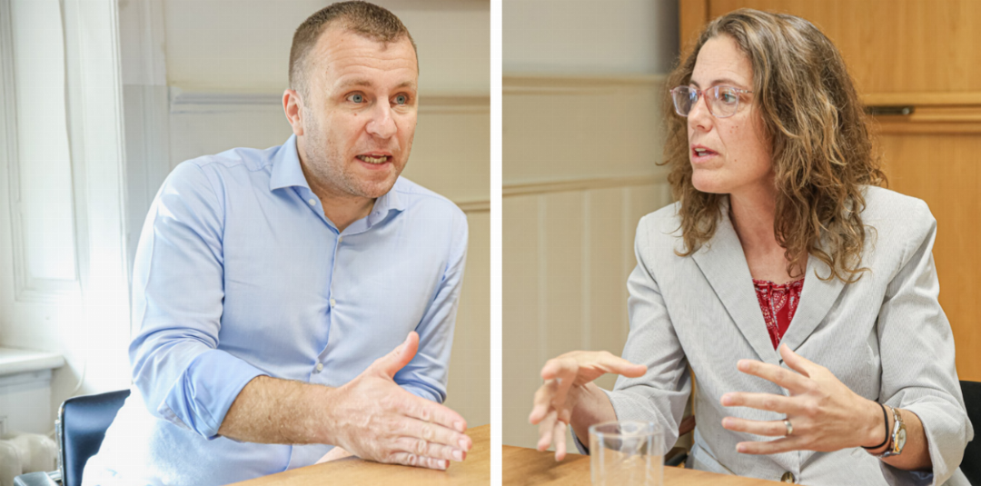 Wie stark kann das Baselbiet die Steuern senken? Stefan Degen und Sabine Bucher im Gespräch.Bilder Thomas Ditzler Wie stark kann das Baselbiet die Steuern senken? Stefan Degen und Sabine Bucher im Gespräch.Bilder Thomas Ditzler