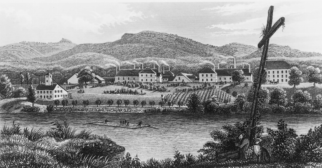 Saline Schweizerhalle vom gegenüberliegenden Rheinufer aus (1840er-Jahre). Bild Archiv Schweizer Rheinsalinen AG Saline Schweizerhalle vom gegenüberliegenden Rheinufer aus (1840er-Jahre). Bild Archiv Schweizer Rheinsalinen AG