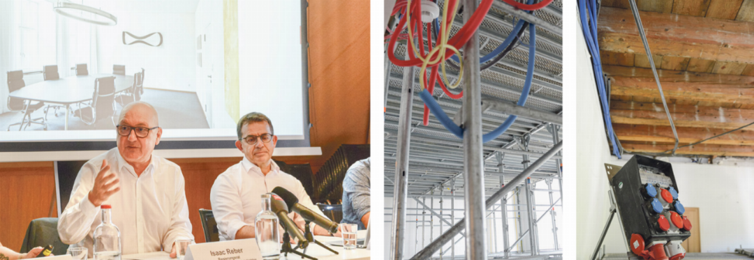 Isaac Reber und Thomas Zaugg informieren über die Ursache des Einsturzes der Deckenverkleidung im Regierungszimmer und die Mängel in weiteren Bereichen des Regierungsgebäudes: im Foyer im zweiten Obergeschoss (mittleres Bild) und in drei Sitzungszimmern. Bilder Christian Horisberger Isaac Reber und Thomas Zaugg informieren über die Ursache des Einsturzes der Deckenverkleidung im Regierungszimmer und die Mängel in weiteren Bereichen des Regierungsgebäudes: im Foyer im zweiten Obergeschoss (mittleres Bild) und in drei Sitzungszimmern. Bilder Christian Horisberger