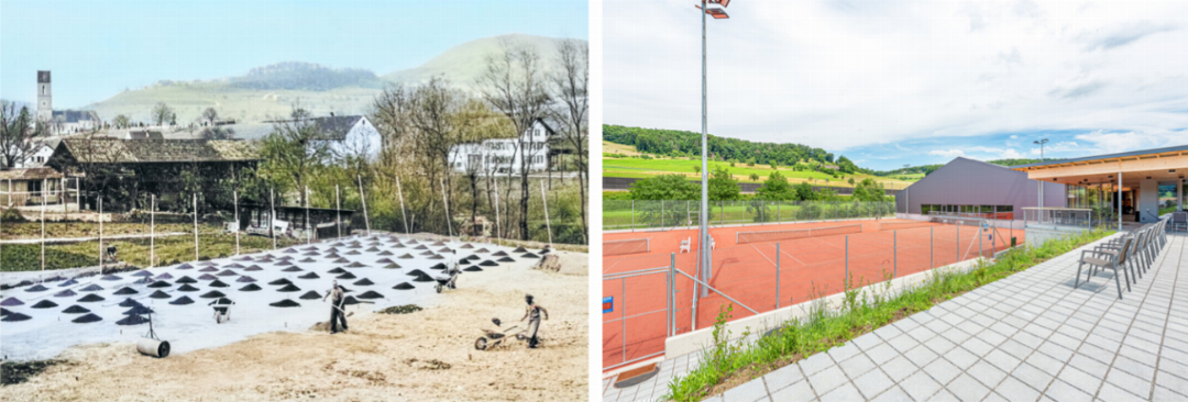 In den Fünfzigern zog der Tennisclub in die «Bleichi» um (links), seit 2021 steht die neue Anlage am Rüttebergweg. In den Fünfzigern zog der Tennisclub in die «Bleichi» um (links), seit 2021 steht die neue Anlage am Rüttebergweg.