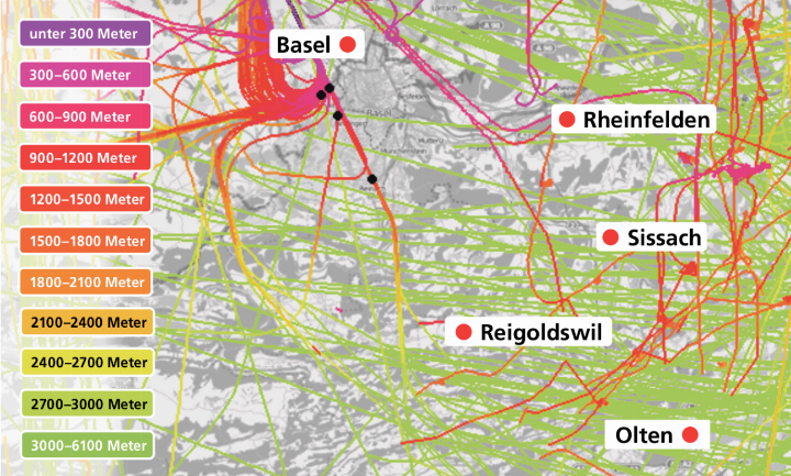 Der Flugverkehr von vorgestern Dienstag: In Flughafennähe verlaufen viele Flugspuren auf rund 900 bis 1200 Metern über Meer, über dem Oberbaselbiet mehrheitlich auf über 2700 Metern. Grafik zvg / Deutscher Fluglärmdienst Der Flugverkehr von vorgestern Dienstag: In Flughafennähe verlaufen viele Flugspuren auf rund 900 bis 1200 Metern über Meer, über dem Oberbaselbiet mehrheitlich auf über 2700 Metern. Grafik zvg / Deutscher Fluglärmdienst